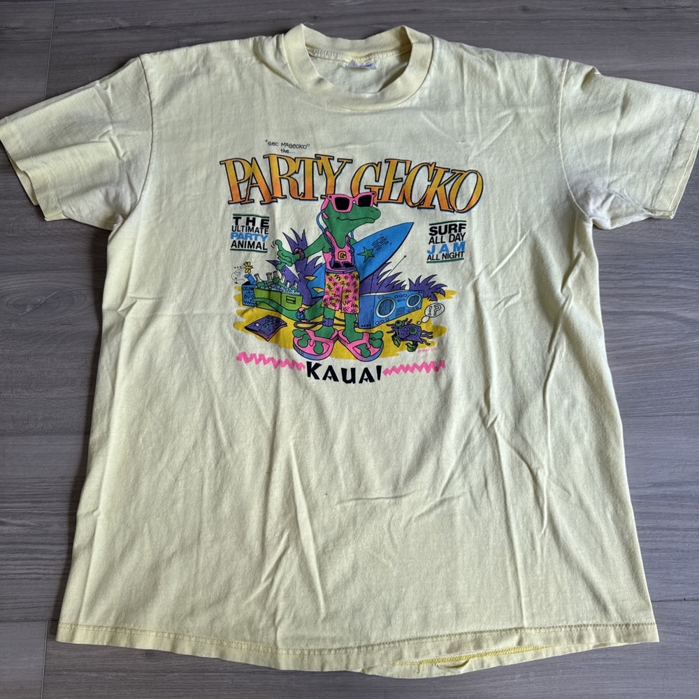 Vintage 80s Party Gecko‎ Kauai Hawaii Yellow T-Shirt Single Stitch XL Fits M/L